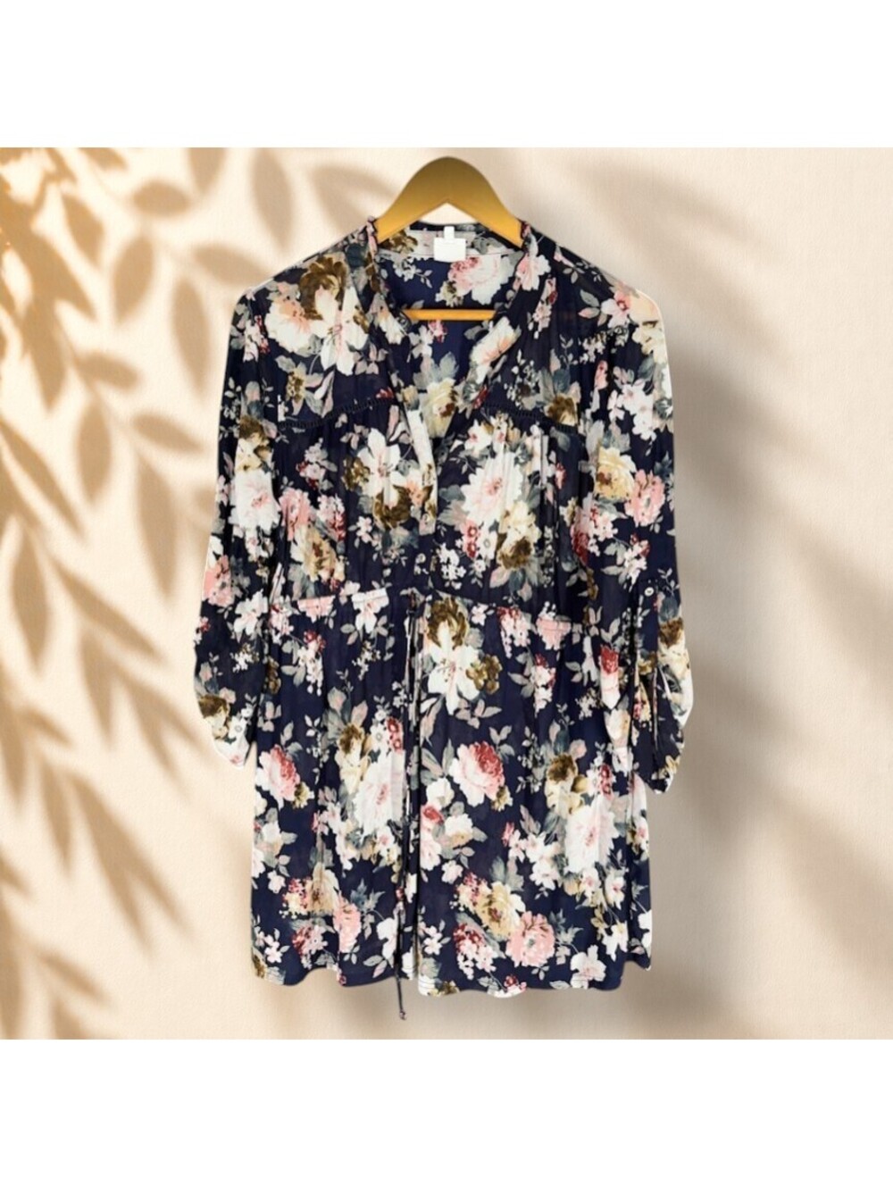 Unbranded Mini Dress Women 2X Plus Blue Floral Short Button V-Neck Long Sleeve